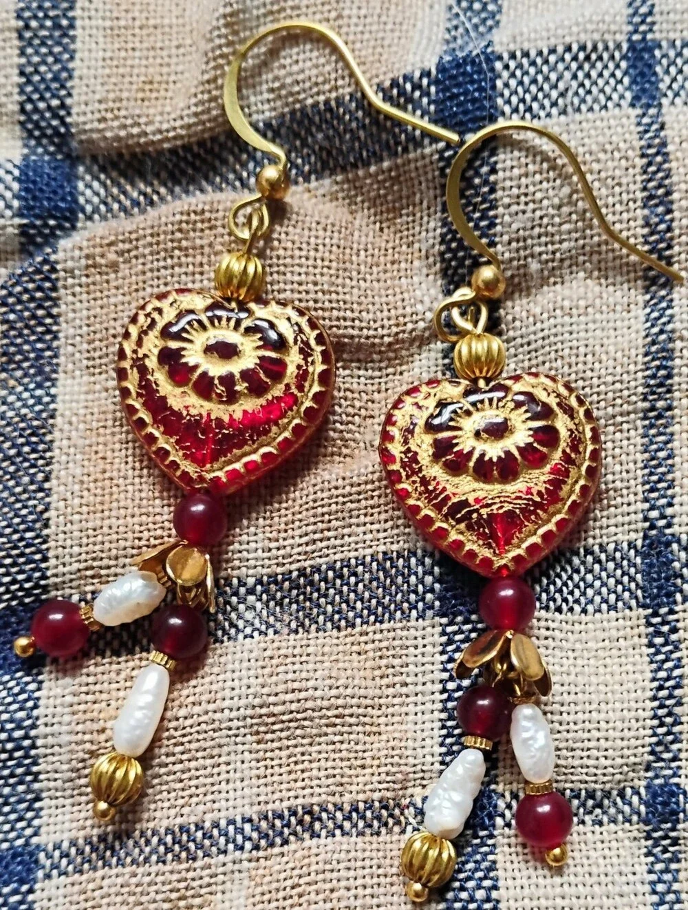 Romantic Red Heart Earrings with Ruby and Pearls